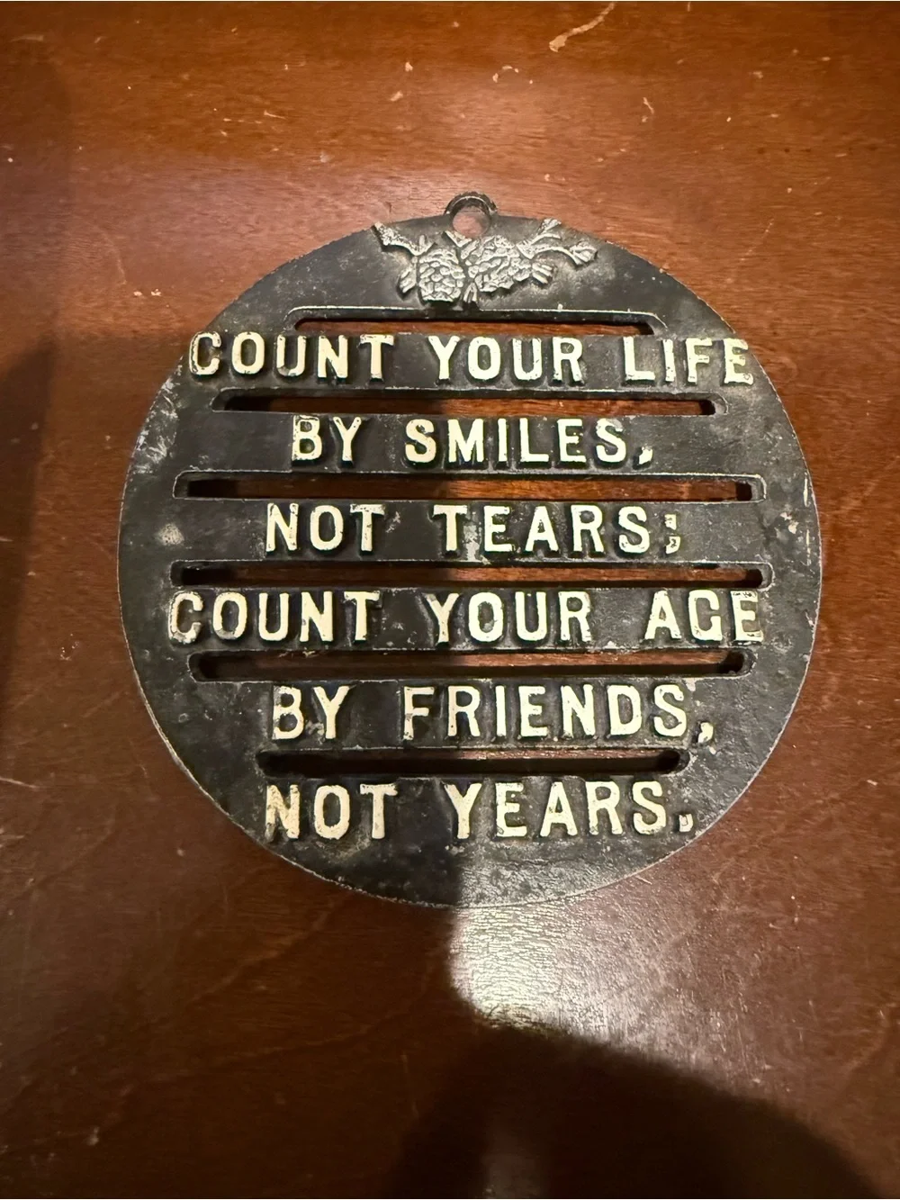Inspirational Round Wall Plaque - Black Cream Lettering wall hanging or trivet